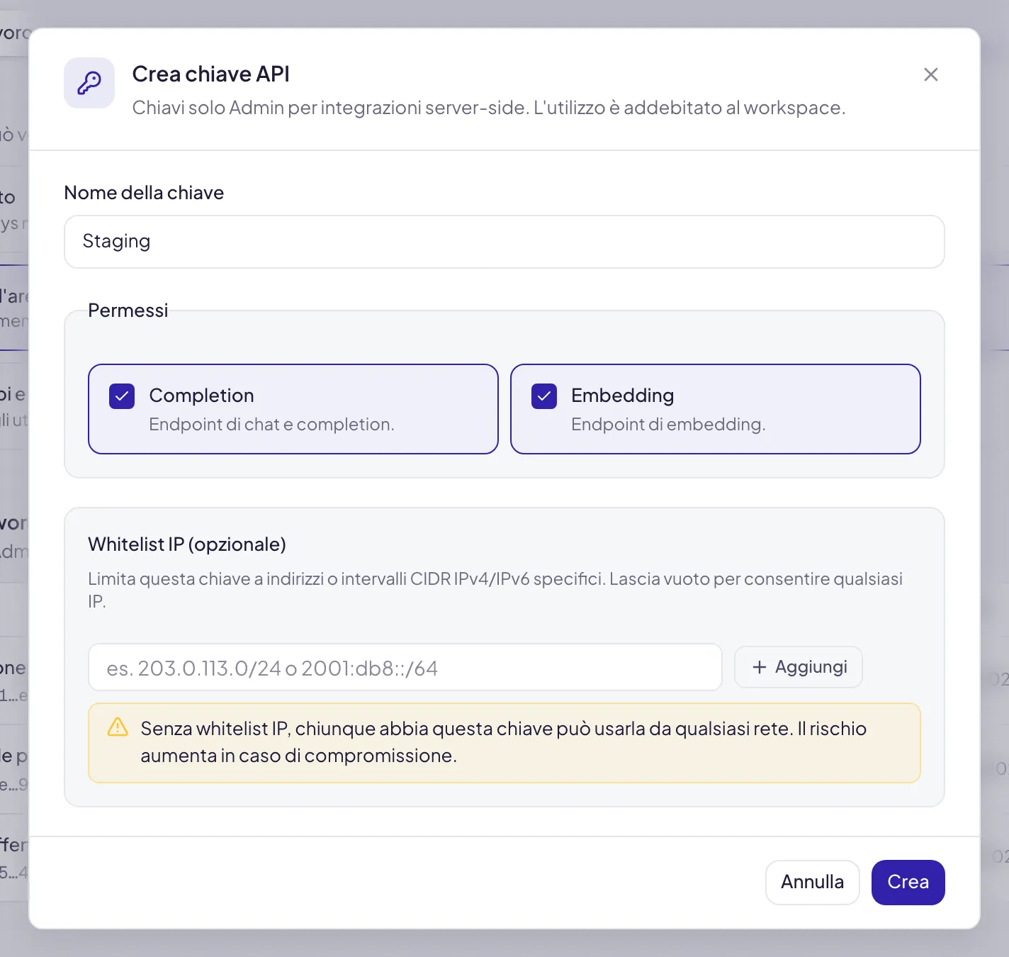 La finestra Crea chiave API con il nome Staging, i Permessi Completion ed Embedding spuntati, la Whitelist IP vuota con l'avviso giallo e i pulsanti Annulla e Crea