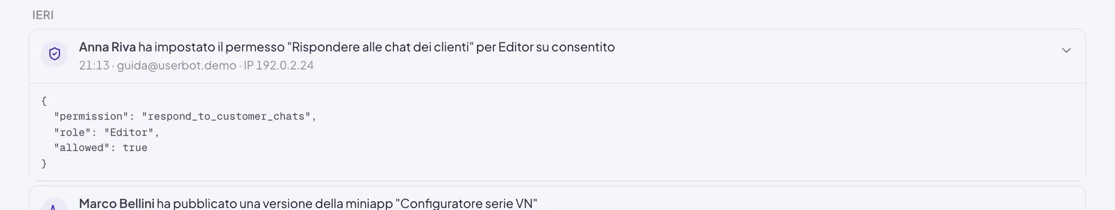 Una riga aperta: Anna Riva ha impostato il permesso Rispondere alle chat dei clienti per Editor su consentito, con ora, email e IP, e sotto i dettagli registrati: permesso, ruolo e valore
