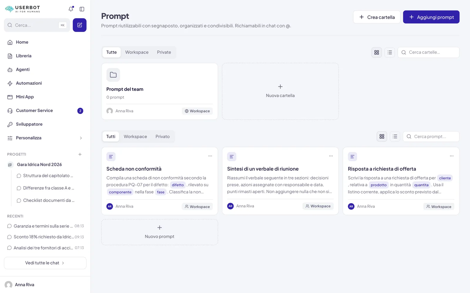 La pagina Prompt: in alto Crea cartella e Aggiungi prompt, sotto le cartelle e poi i prompt come schede, ognuna con il testo salvato e i suoi segnaposto evidenziati