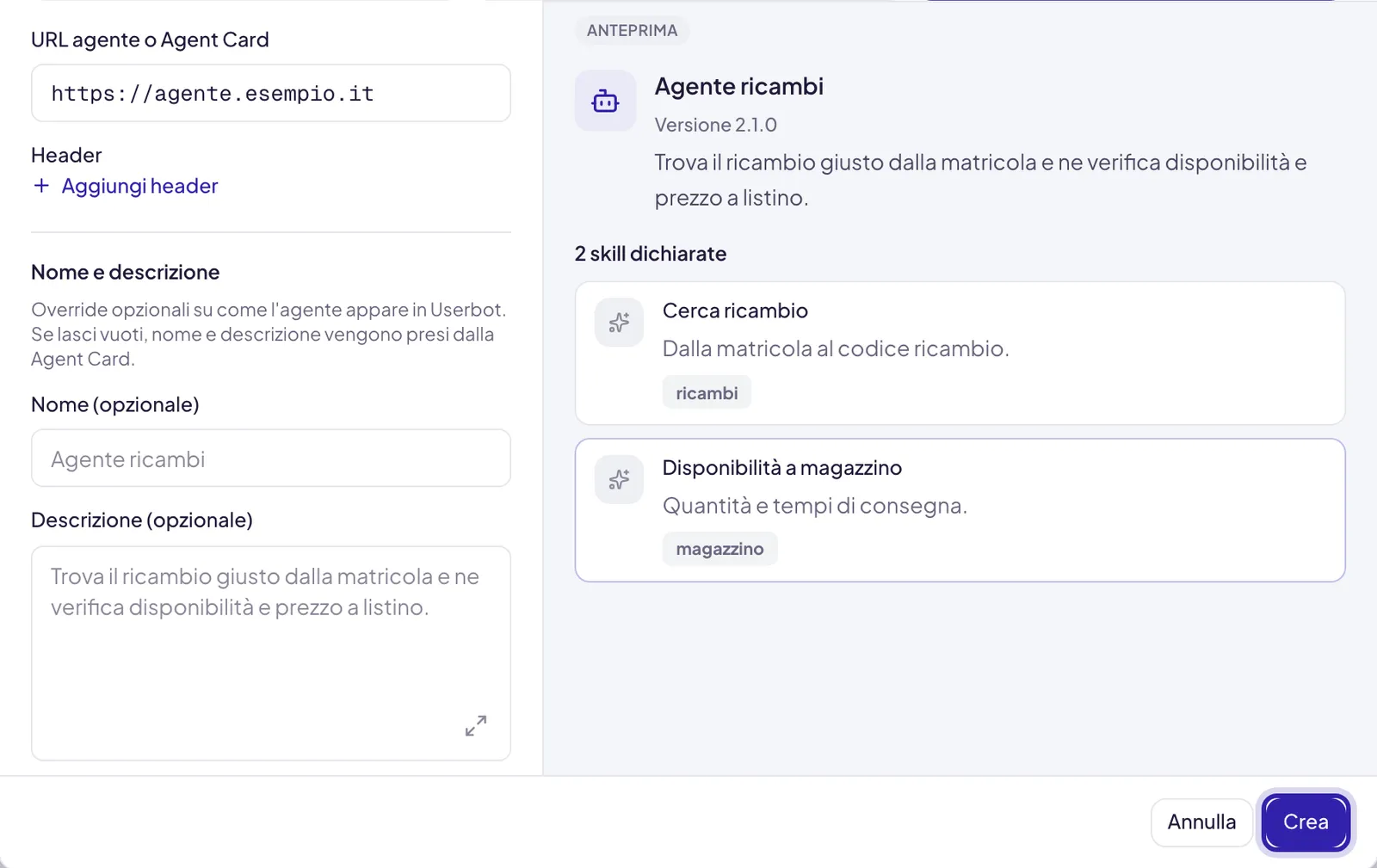 Dopo la verifica, Nome e Descrizione facoltativi già proposti dalla scheda dell'agente e, in basso a destra, Crea evidenziato