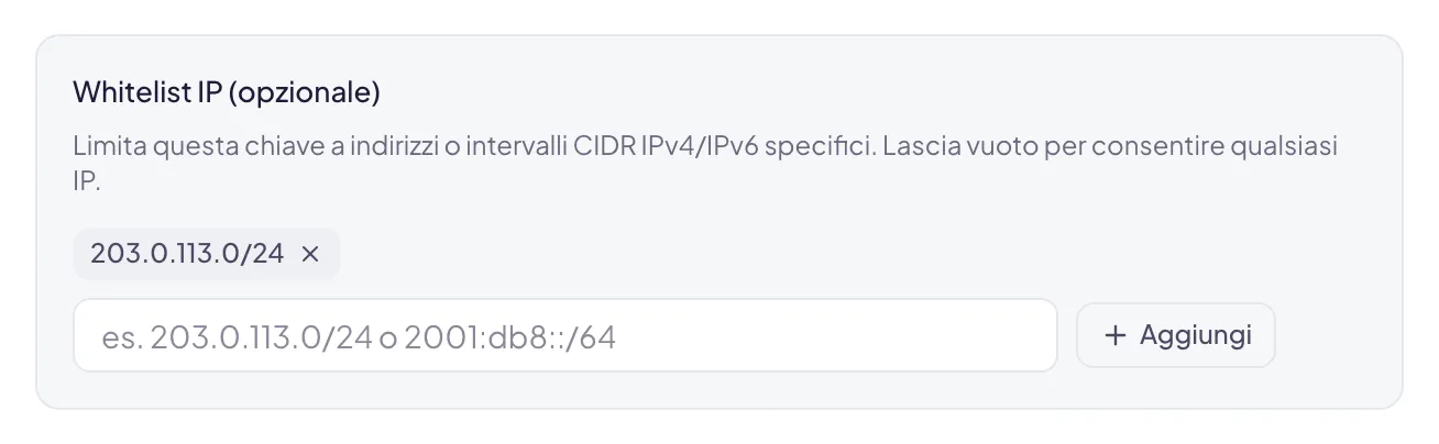 La Whitelist IP della finestra con un intervallo d'esempio già aggiunto e il campo per il successivo, che accetta anche IPv6