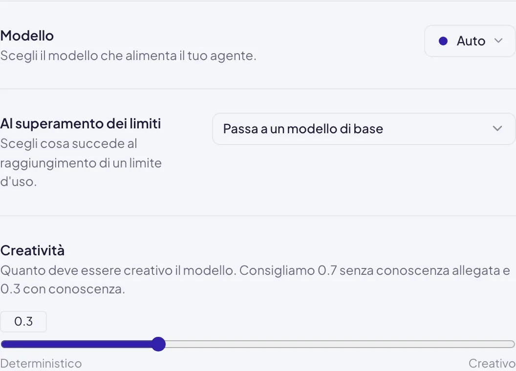 Il Modello su Auto e il cursore della Creatività portato su 0.3, verso l'estremo Deterministico