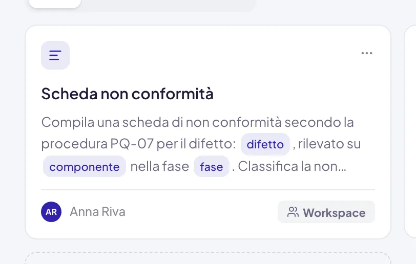 La scheda di un prompt salvato nell'elenco: nel testo i tre segnaposto difetto, componente e fase compaiono evidenziati, staccati dal resto