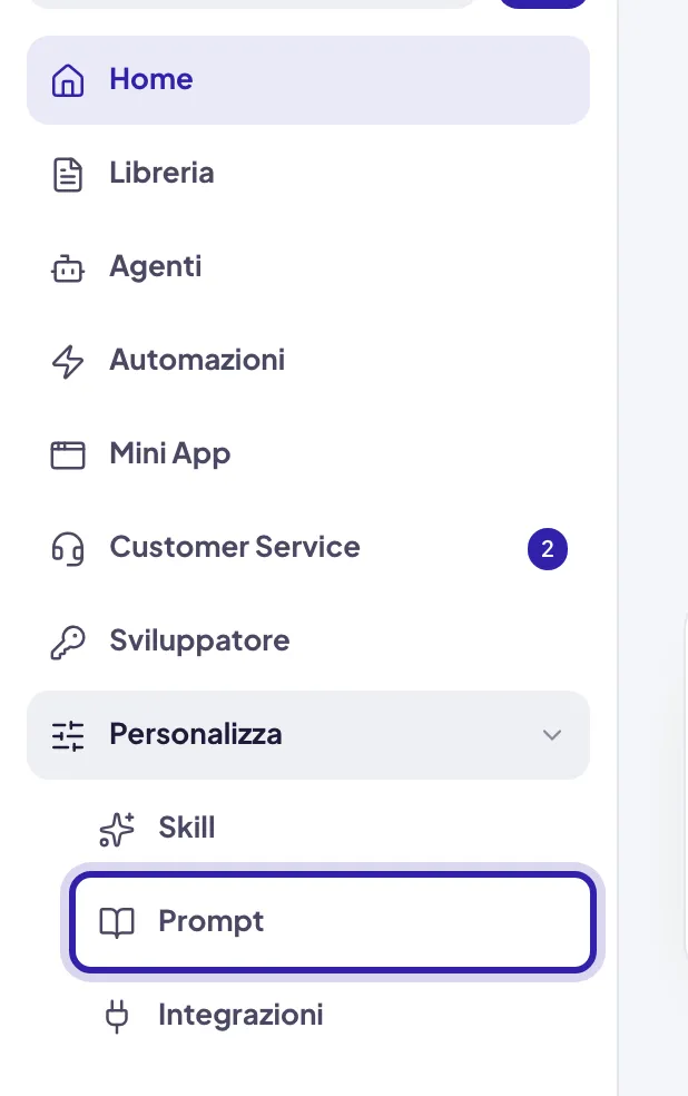 La barra laterale con Personalizza aperto e, sotto Skill, la voce Prompt evidenziata
