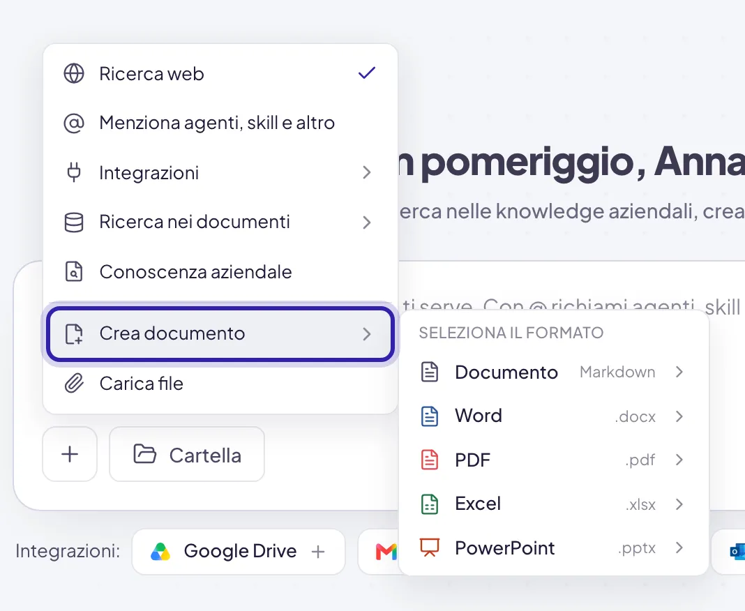 Il menu più con Crea documento evidenziato e, accanto, Seleziona il formato: Documento, Word, PDF, Excel e PowerPoint, ognuno con la sua estensione