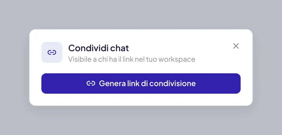 La finestra Condividi chat di una conversazione non ancora condivisa: sotto il titolo la riga che ricorda che sarà visibile a chi ha il link dentro l'area di lavoro, e il solo pulsante Genera link di condivisione