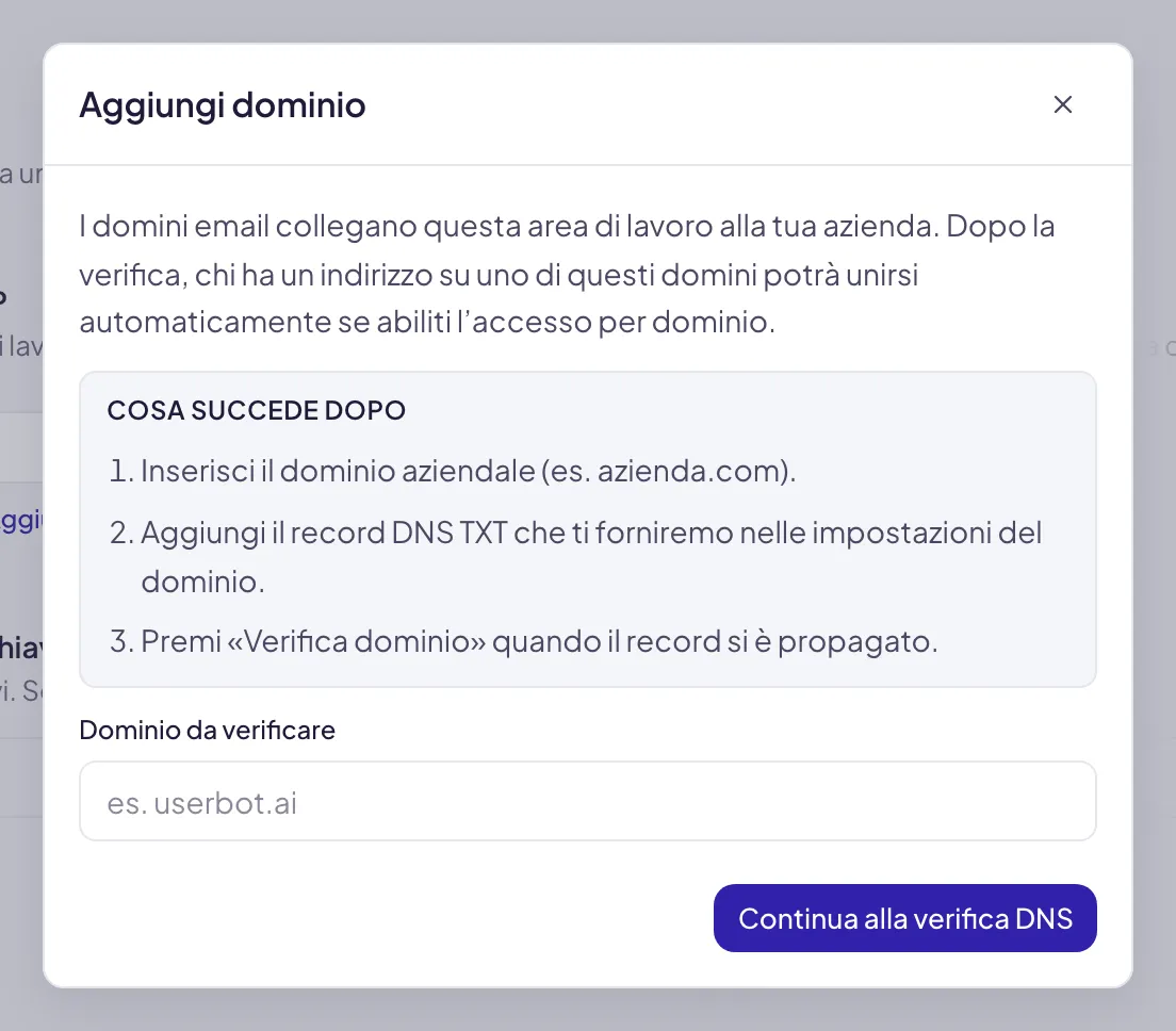La finestra Aggiungi dominio: il riquadro Cosa succede dopo con i tre passaggi della verifica, il campo Dominio da verificare e il pulsante Continua alla verifica DNS