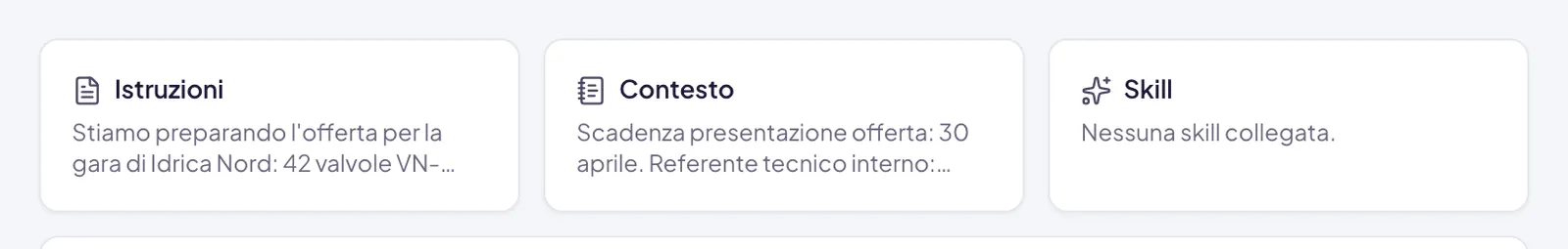 I riquadri in cima alla pagina del progetto: Istruzioni, che dicono come lavorare, Contesto, con scadenza e referente, e accanto Skill, qui senza skill collegate