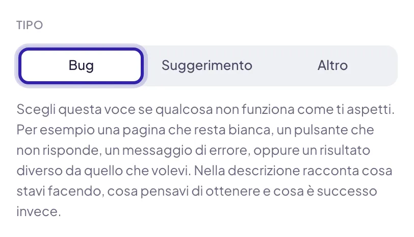 Le tre scelte Bug, Suggerimento e Altro con Bug evidenziato, e sotto la spiegazione di quando usarlo
