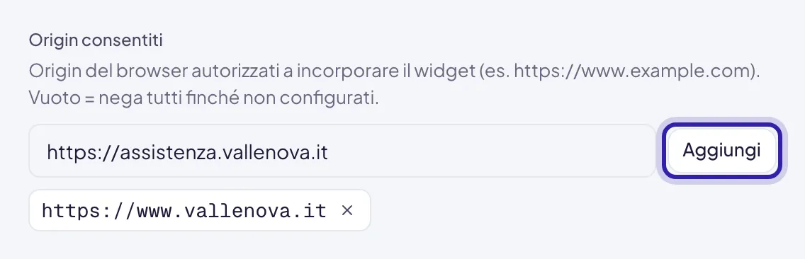 Origin consentiti con un indirizzo già aggiunto sotto il campo e un secondo indirizzo scritto nel campo, pronto per Aggiungi, evidenziato