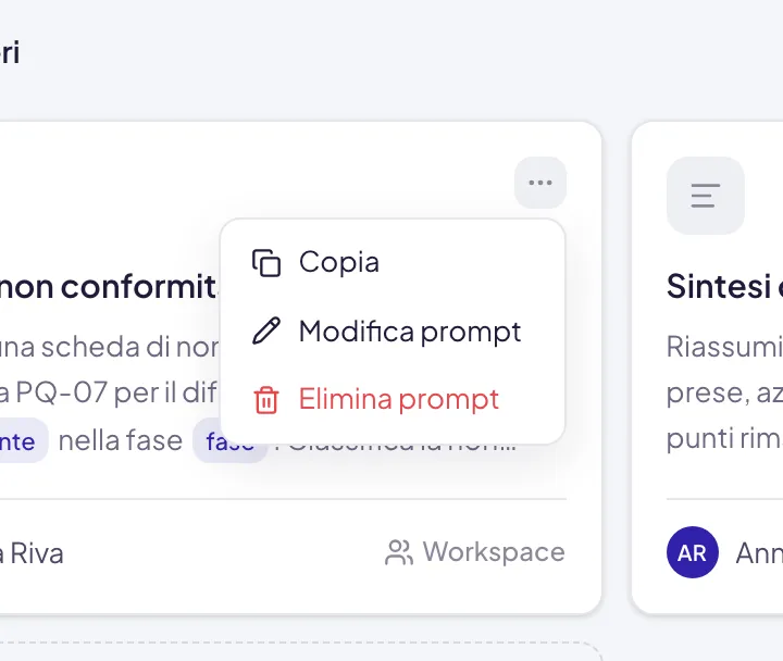 Il menu di una scheda di prompt: Copia, Modifica prompt e, staccata sotto, Elimina prompt in rosso