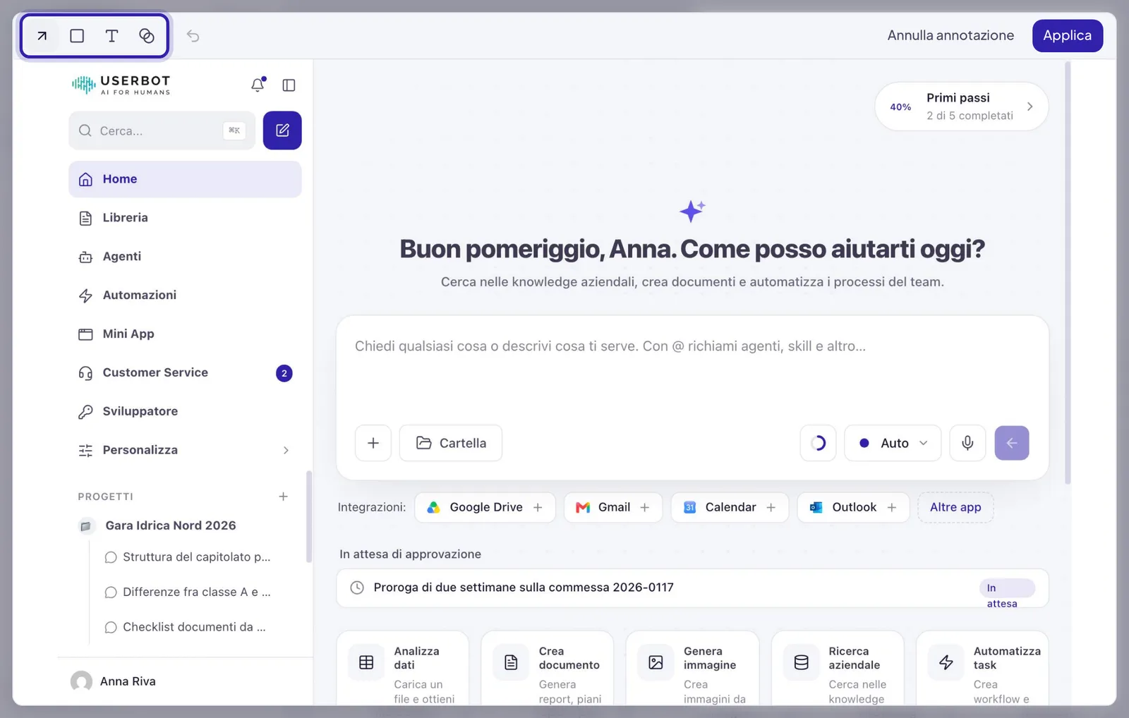 Lo screenshot aperto con Annota: in alto a sinistra gli strumenti Freccia, Rettangolo, Testo e Sfoca evidenziati, a destra Annulla annotazione e Applica