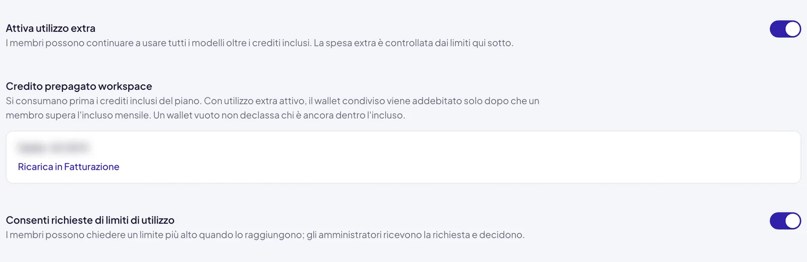 L'interruttore Attiva utilizzo extra acceso, sotto il Credito prepagato workspace con il saldo sfocato e Ricarica in Fatturazione, e in fondo l'interruttore Consenti richieste di limiti di utilizzo