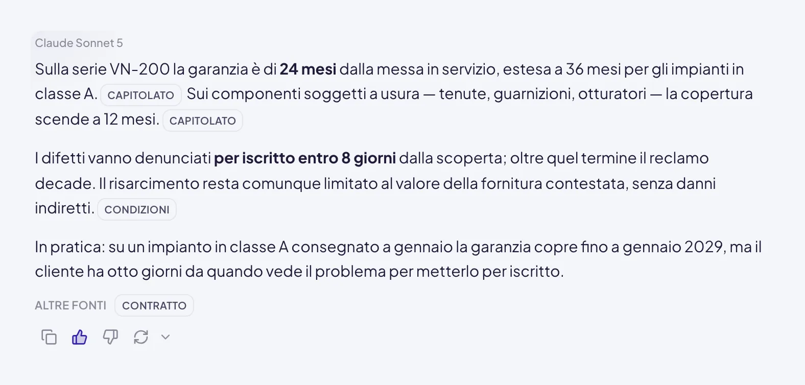 Una risposta con le targhette del documento citato dentro il testo, subito dopo le frasi che ne dipendono, e in fondo la riga Altre fonti con il documento che non è stato agganciato a nessun punto