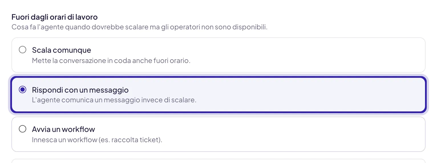 La sezione Fuori dagli orari di lavoro con le tre scelte Scala comunque, Rispondi con un messaggio, evidenziata e selezionata, e Avvia un workflow