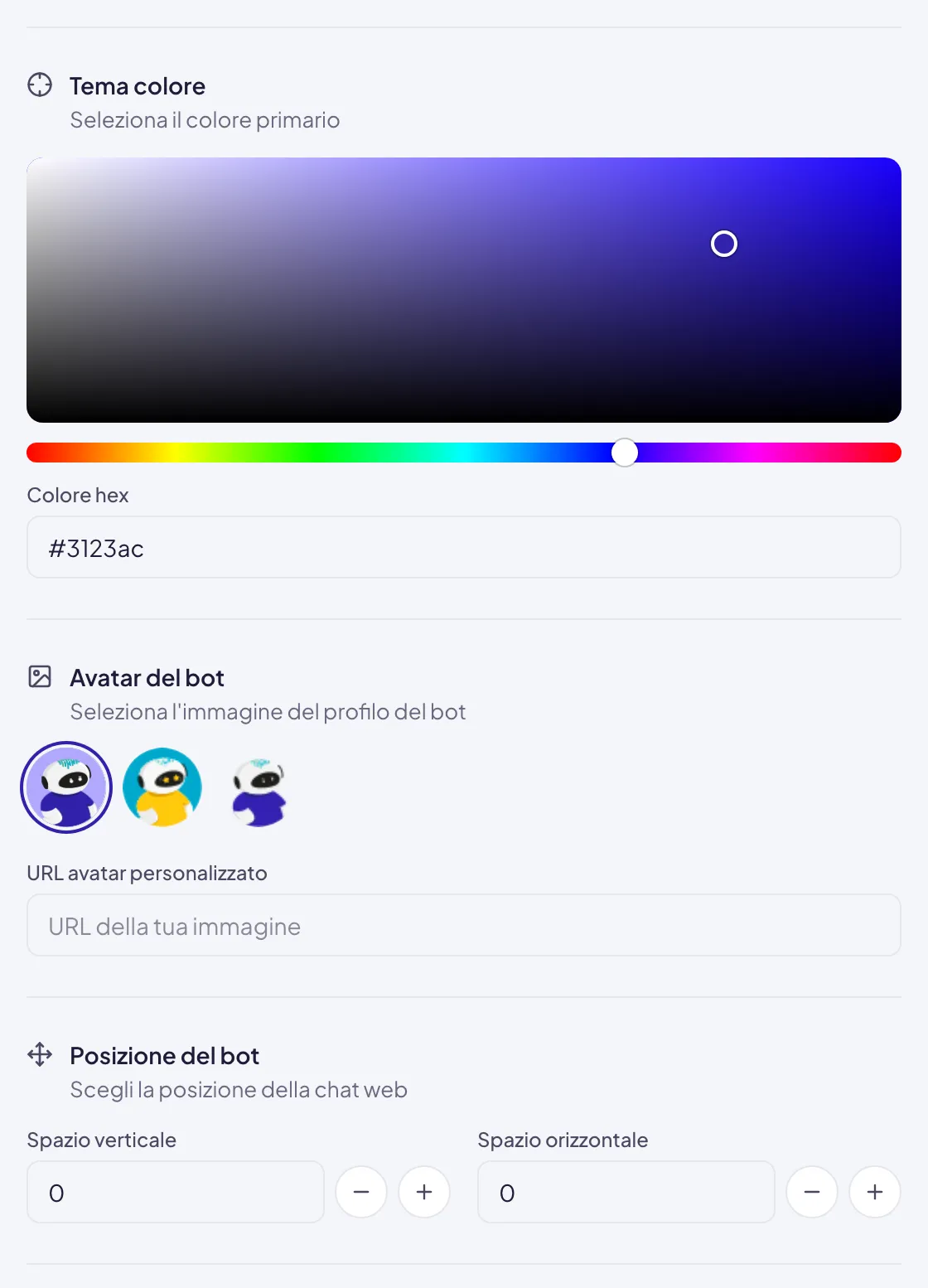 Le sezioni Tema colore con il selettore e il Colore hex, Avatar del bot con tre immagini predefinite e l'URL avatar personalizzato, e Posizione del bot con Spazio verticale e Spazio orizzontale
