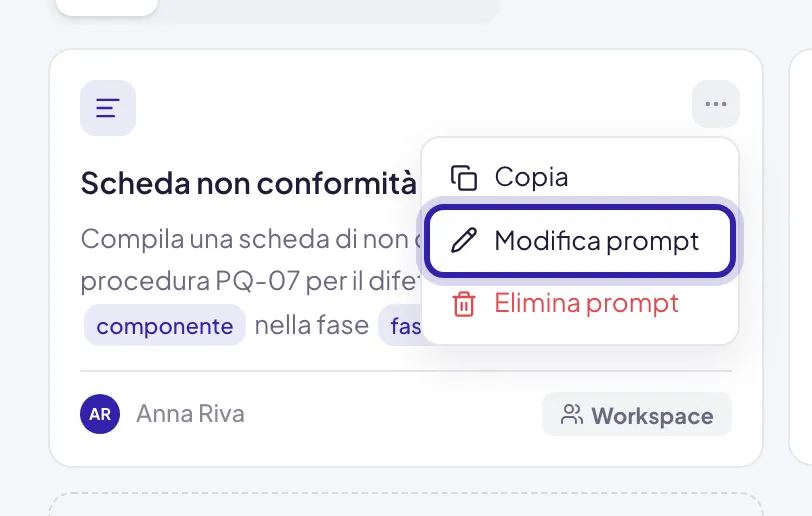 Il menu dei tre puntini sulla scheda di un prompt, con Modifica prompt evidenziato fra Copia ed Elimina prompt