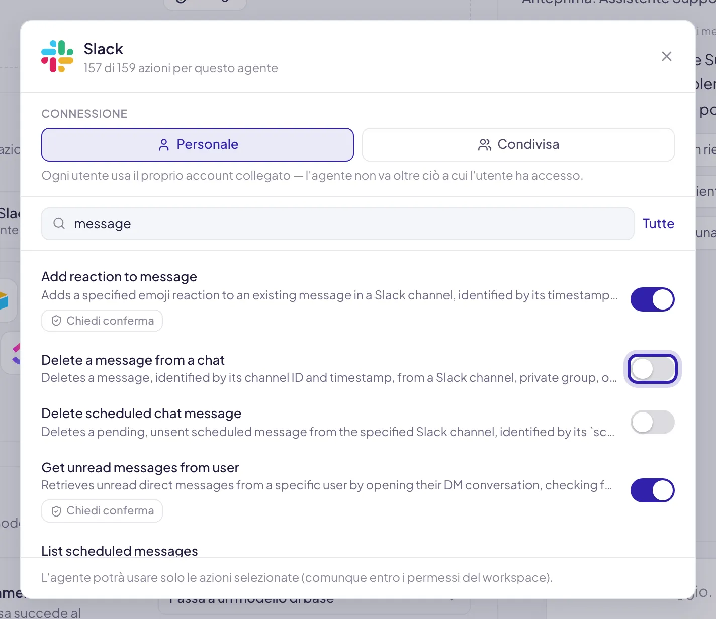 L'elenco delle azioni di Slack filtrato sulla parola message: in alto il conteggio 157 di 159 azioni per questo agente, sotto le due azioni che cancellano un messaggio con l'interruttore spento