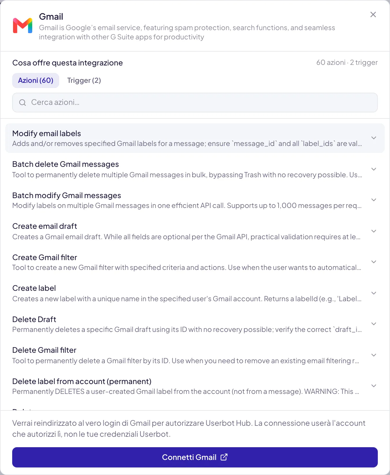 La scheda di Gmail prima di collegarla: Cosa offre questa integrazione con le schede Azioni e Trigger e il loro numero, la ricerca e l'elenco delle azioni; in fondo la nota sul login e il pulsante Connetti Gmail