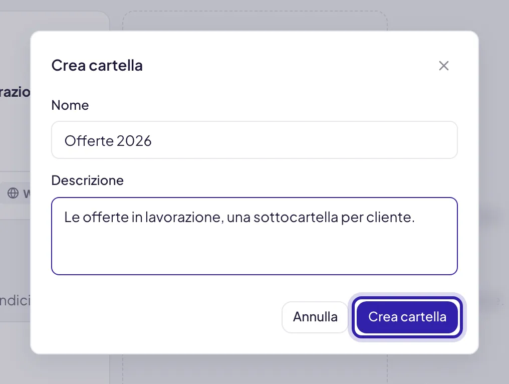 La finestra Crea cartella con Nome e Descrizione compilati e il pulsante Crea cartella evidenziato