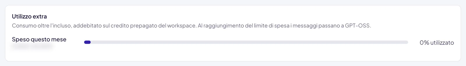 Il riquadro Utilizzo extra: la riga Speso questo mese con la barra e la percentuale usata; la cifra spesa e il tetto sono sfocati