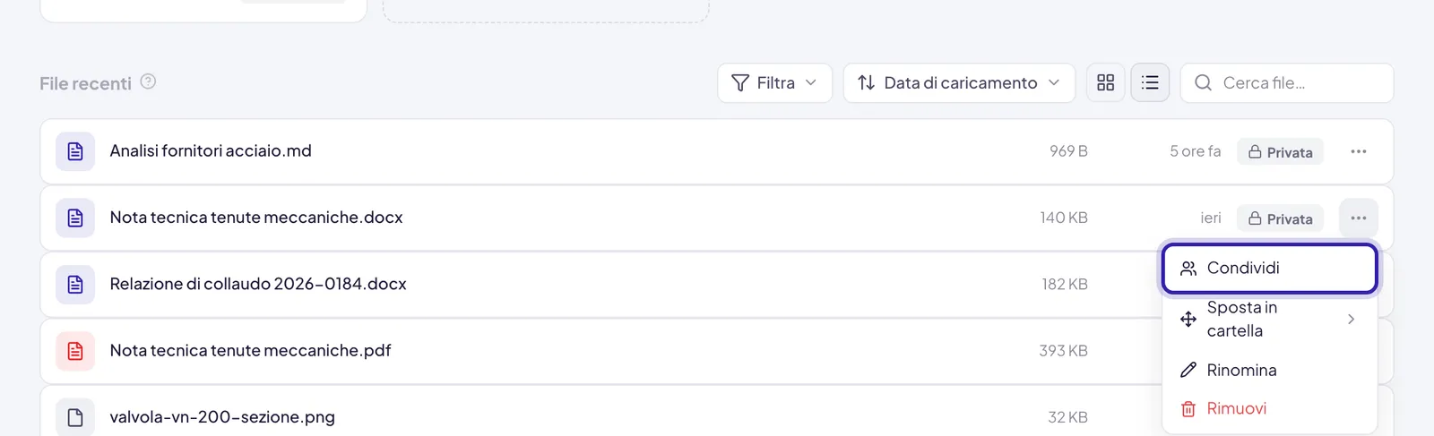 Il menu aperto su un file di File recenti, con la voce Condividi evidenziata in cima