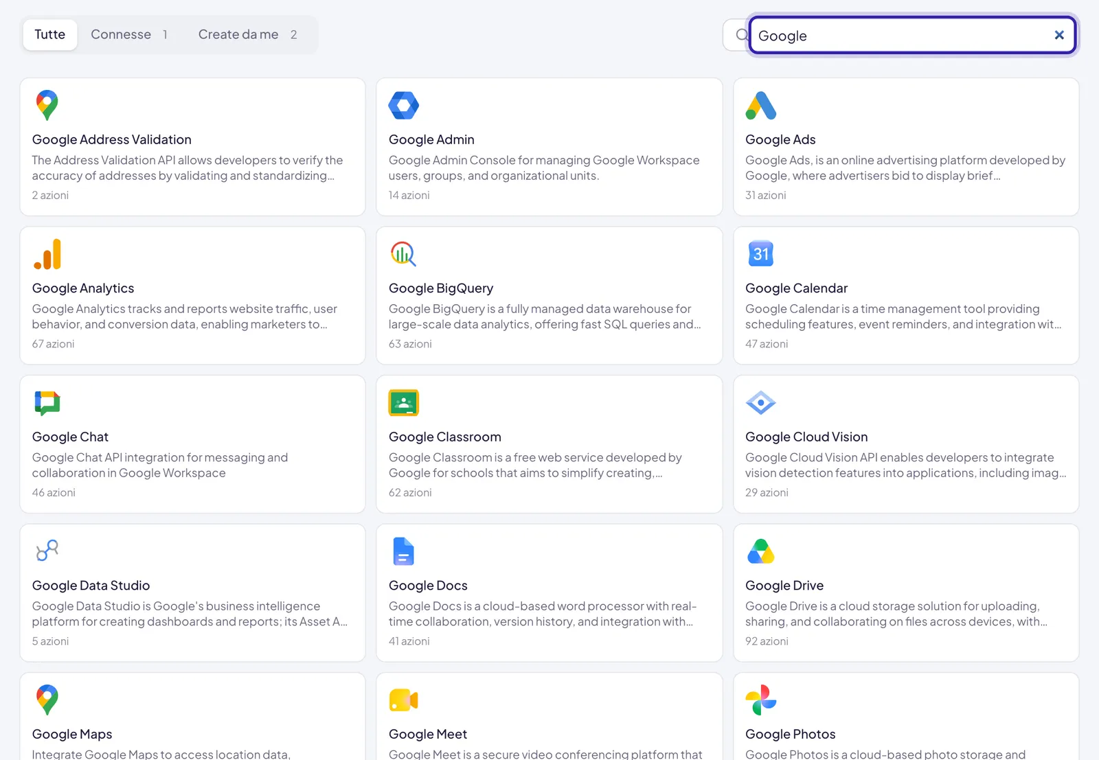 Il catalogo della pagina Integrazioni filtrato scrivendo Google: le app Google, da Calendar a Docs, Drive e Maps, compaiono come tutte le altre, ognuna con il numero di azioni