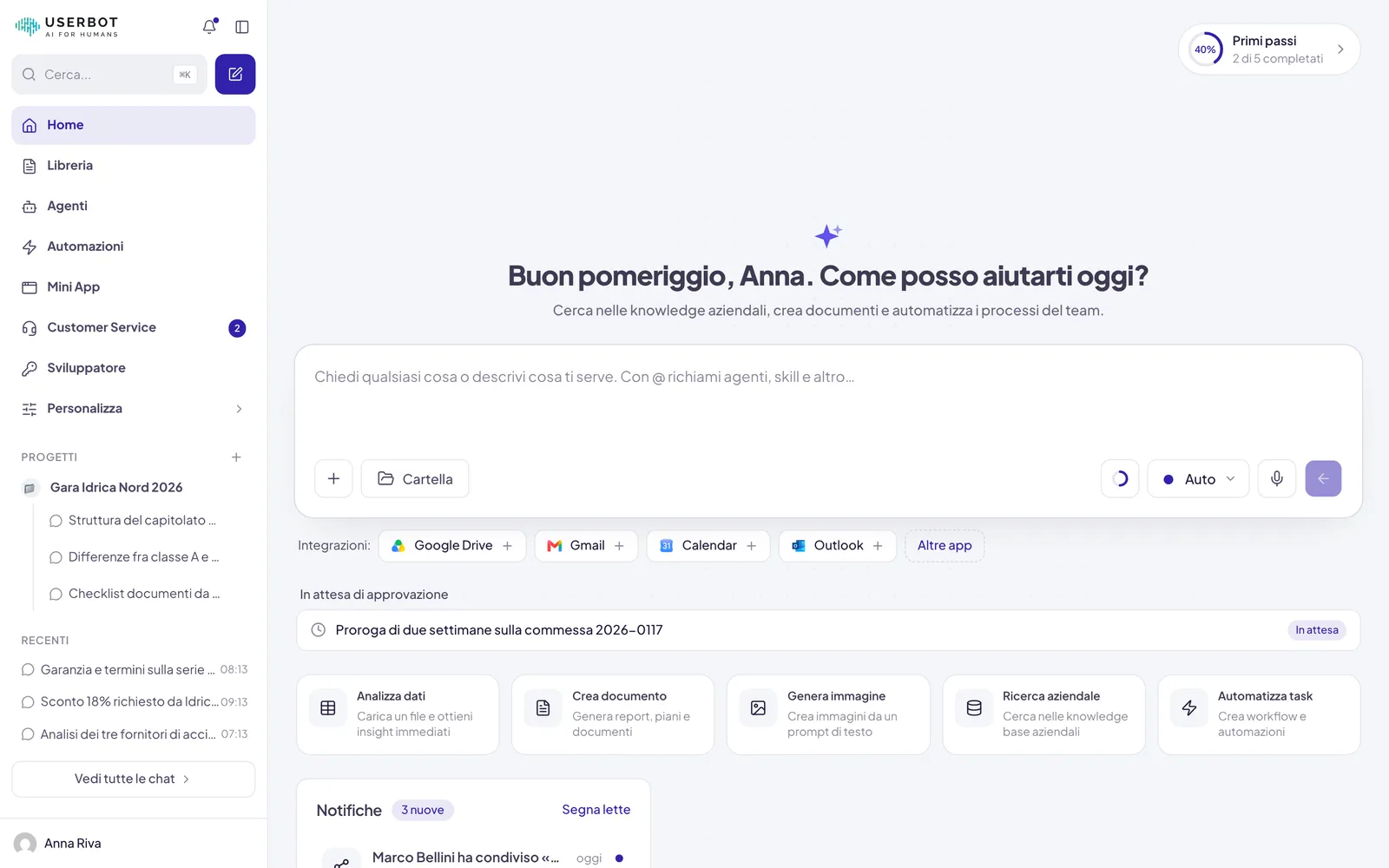 La Home di Userbot: barra laterale a sinistra, campo di scrittura al centro, scorciatoie sotto il campo