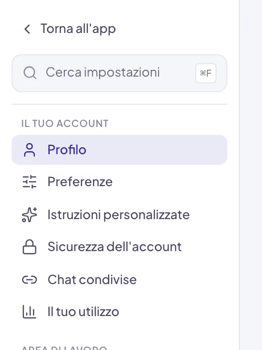 La colonna delle Impostazioni: in cima Torna all'app e Cerca impostazioni, sotto la sezione Il tuo account con Profilo, Preferenze, Istruzioni personalizzate, Sicurezza dell'account, Chat condivise e Il tuo utilizzo