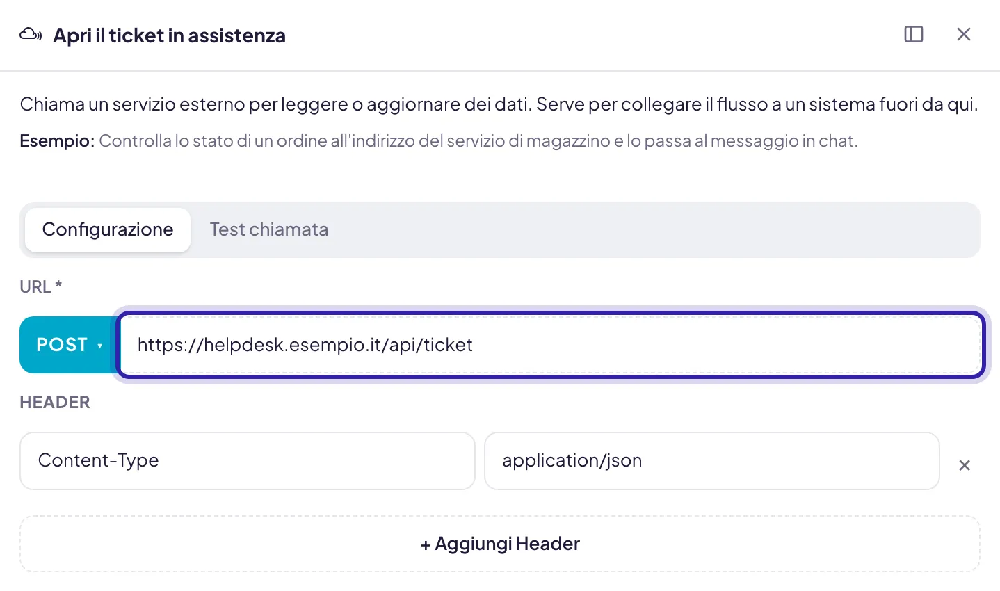 Il blocco HTTP aperto, con l'indirizzo a cui manderà i dati evidenziato: è uno dei valori da ricontrollare prima di pubblicare