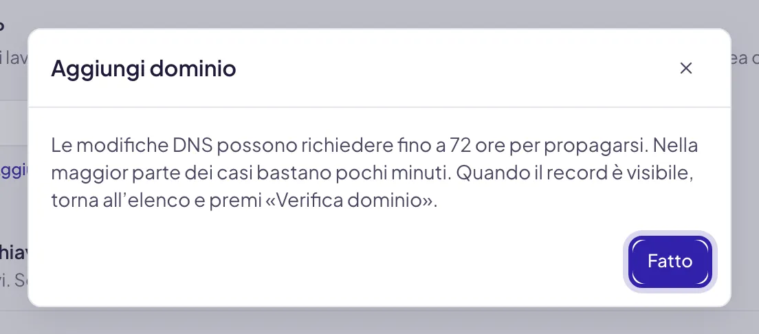 L'ultimo passaggio della finestra: la nota sulle 72 ore di propagazione e sul pulsante Verifica dominio, e Fatto evidenziato