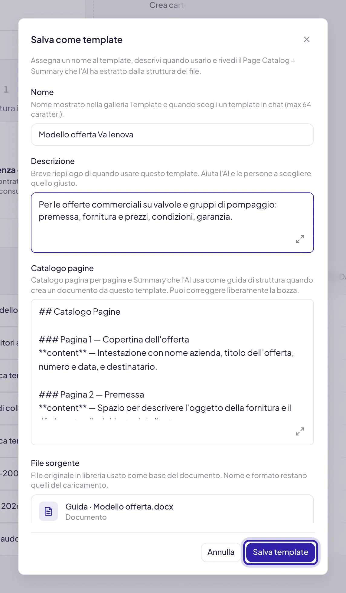 La finestra Salva come template: Nome e Descrizione, il Catalogo pagine proposto dall'AI pagina per pagina, il file sorgente e Salva template evidenziato