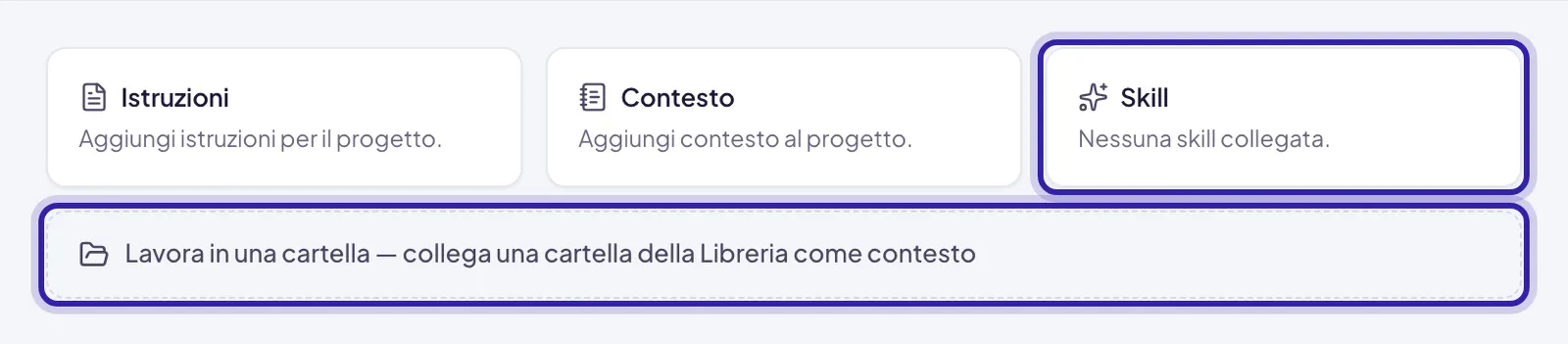 Nella pagina del progetto, il riquadro Skill e la riga Lavora in una cartella evidenziati sotto Istruzioni e Contesto