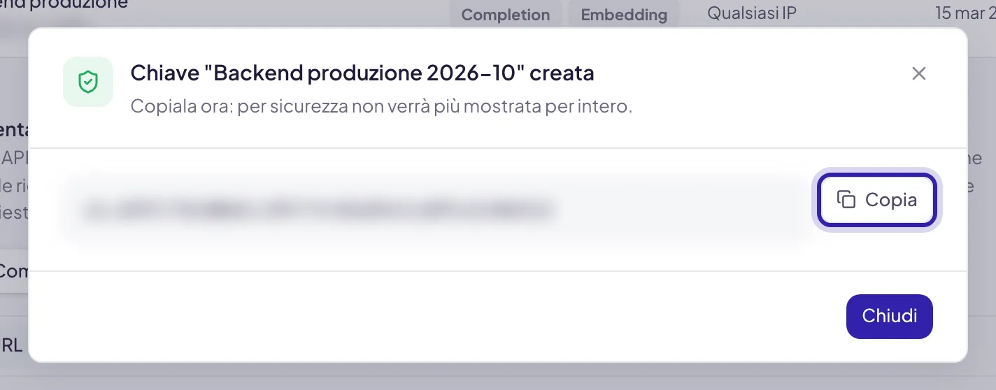 La finestra dopo Crea: chiave creata, l'avviso che non verrà più mostrata per intero, il valore sfocato e il pulsante Copia evidenziato
