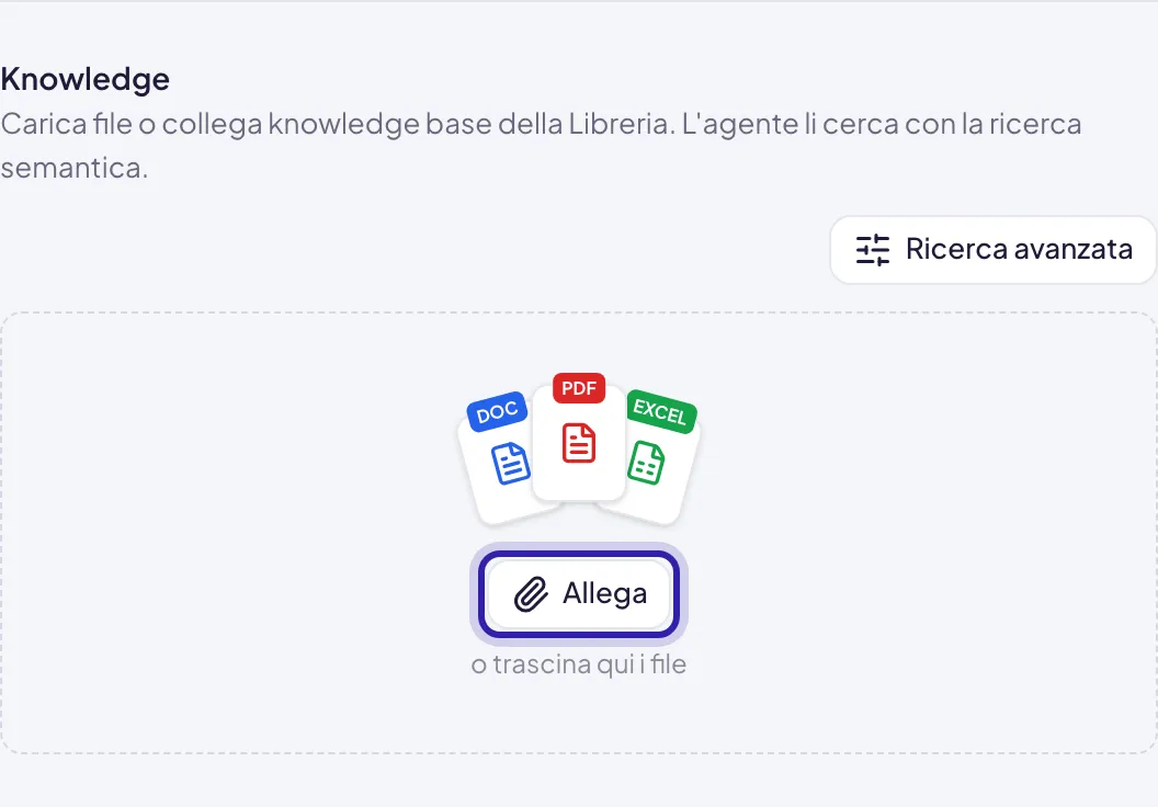 Il riquadro Knowledge ancora vuoto, con il pulsante Allega evidenziato