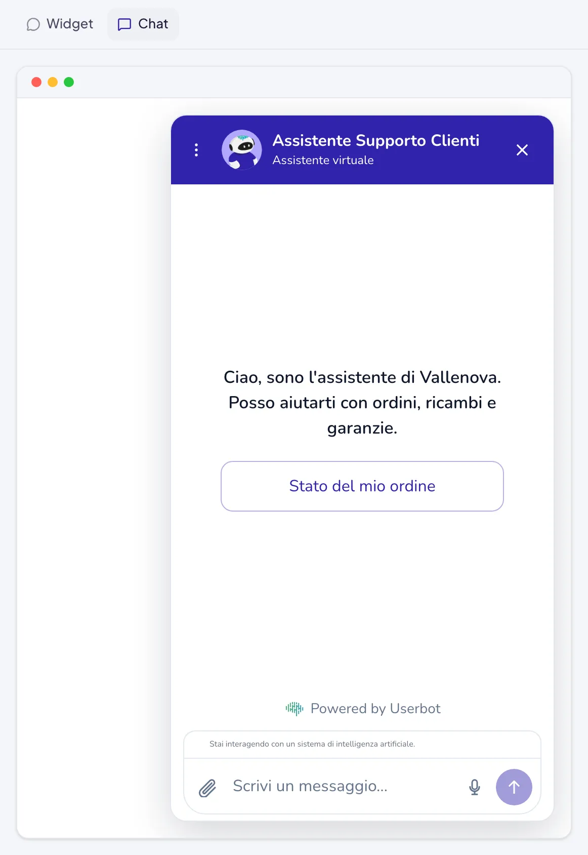L'anteprima della chat come la vede il visitatore del sito: nome e ruolo dell'assistente, il messaggio di benvenuto, un bottone e l'avviso