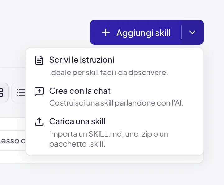 Il menu della freccia accanto ad Aggiungi skill: Scrivi le istruzioni, Crea con la chat e Carica una skill, ognuna con una riga che dice per quale situazione è pensata