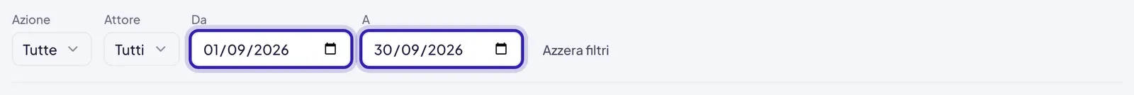 I filtri del registro con i campi Da e A compilati ed evidenziati, accanto ad Azione, Attore e Azzera filtri