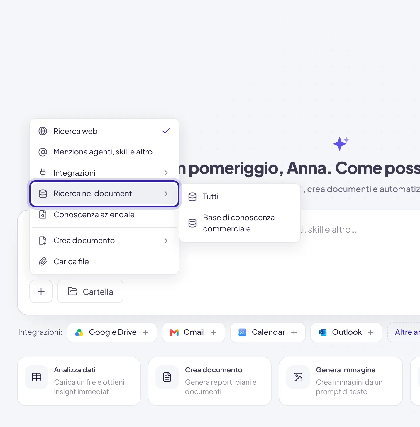 Il menu + aperto con Ricerca nei documenti evidenziata e accanto l'elenco delle basi di conoscenza su cui cercare