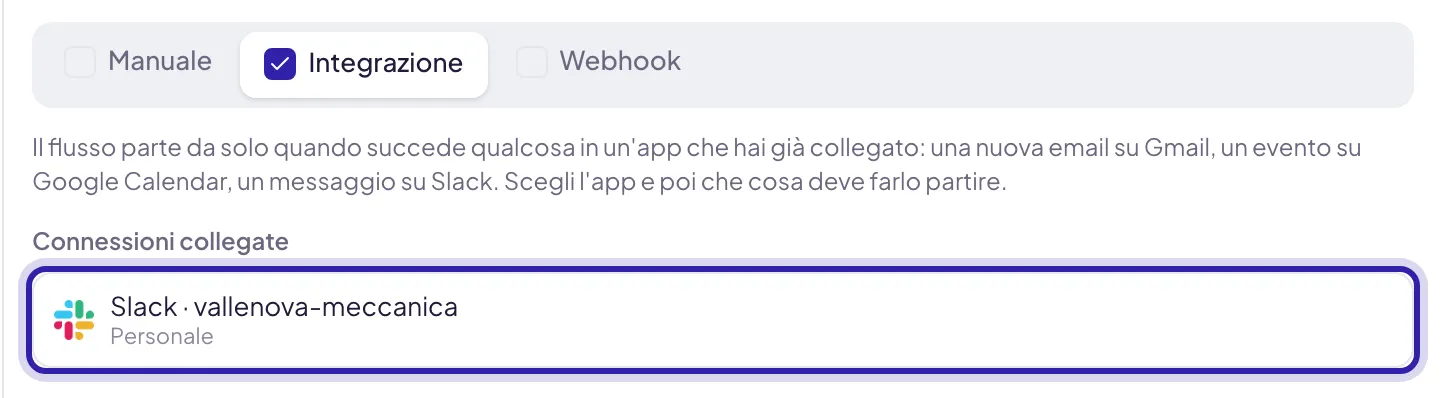 La scheda Integrazione del trigger: sotto la spiegazione, Connessioni collegate con una connessione Slack personale evidenziata