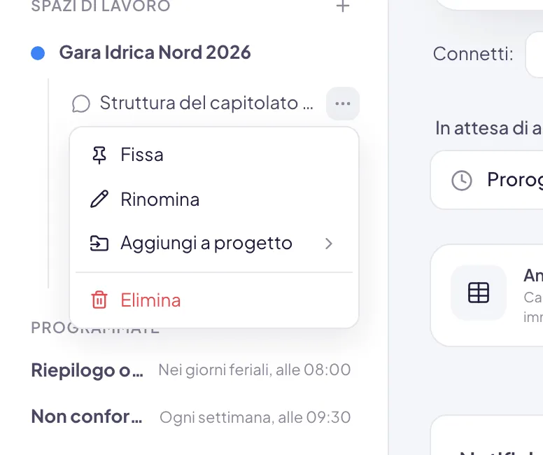 Il menu di una conversazione nella barra laterale: Fissa, Rinomina, Aggiungi a progetto con una freccia perché apre l'elenco dei progetti e, staccata sotto, Elimina in rosso