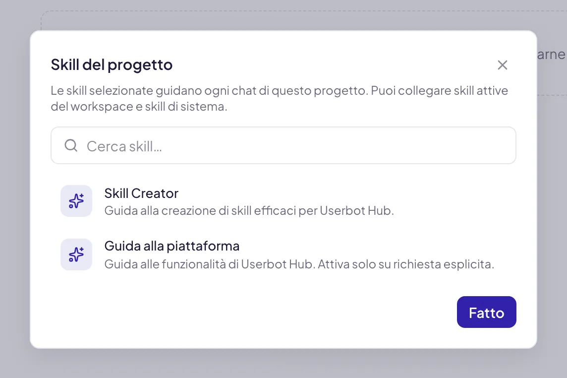 La finestra Skill del progetto, con il campo di ricerca e l'elenco delle skill che si possono collegare