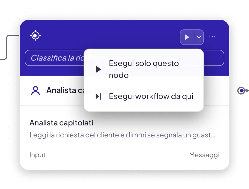 Il menu di esecuzione aperto su un blocco Agente, con le due voci Esegui solo questo nodo ed Esegui workflow da qui
