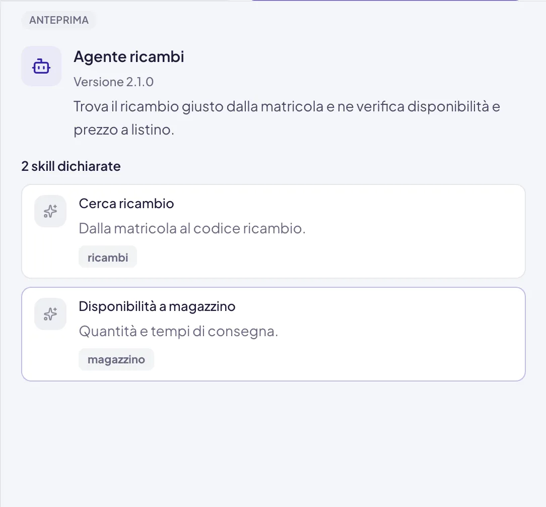 L'anteprima dell'agente remoto dopo la verifica: nome, versione e descrizione letti dalla sua scheda e le skill dichiarate, con le loro etichette