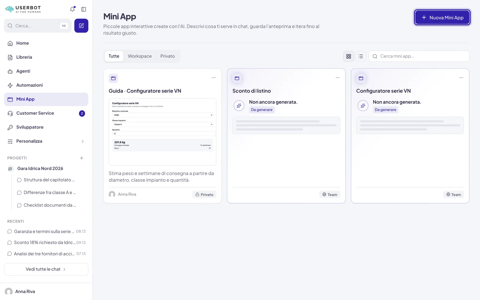 La pagina Mini App con il pulsante Nuova Mini App evidenziato in alto a destra, sopra l'elenco delle Mini App esistenti