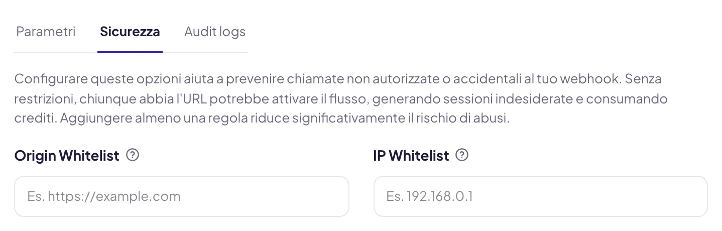 La scheda Sicurezza del webhook: una riga che spiega perché conviene limitarlo e i due campi Origin Whitelist e IP Whitelist, affiancati