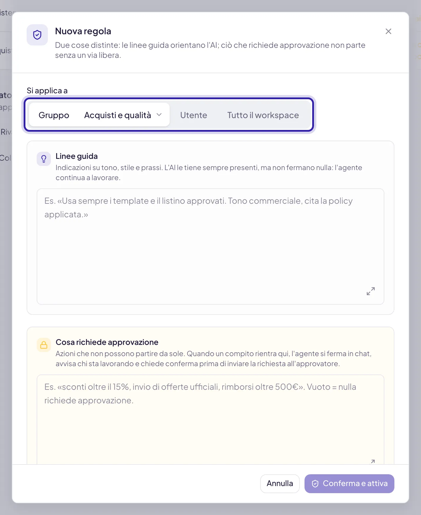 La finestra Nuova regola con evidenziata la riga Si applica a: Gruppo con il menu del nome, Utente e Tutto il workspace; sotto il riquadro delle linee guida e quello giallo delle approvazioni