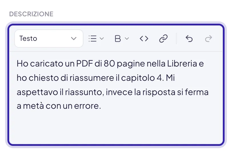 Il campo Descrizione con la barra di formattazione e un bug raccontato: cosa stavi facendo, cosa ti aspettavi, cosa è successo