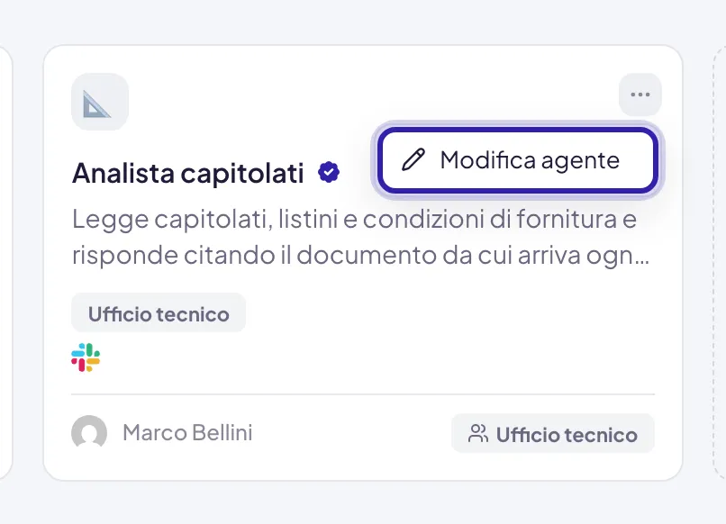 La scheda di un agente nella pagina Agenti con il menu dei tre puntini aperto e la voce Modifica agente evidenziata