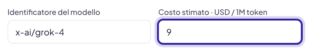 Il campo Costo stimato in dollari per milione di token, evidenziato, accanto all'identificatore del modello